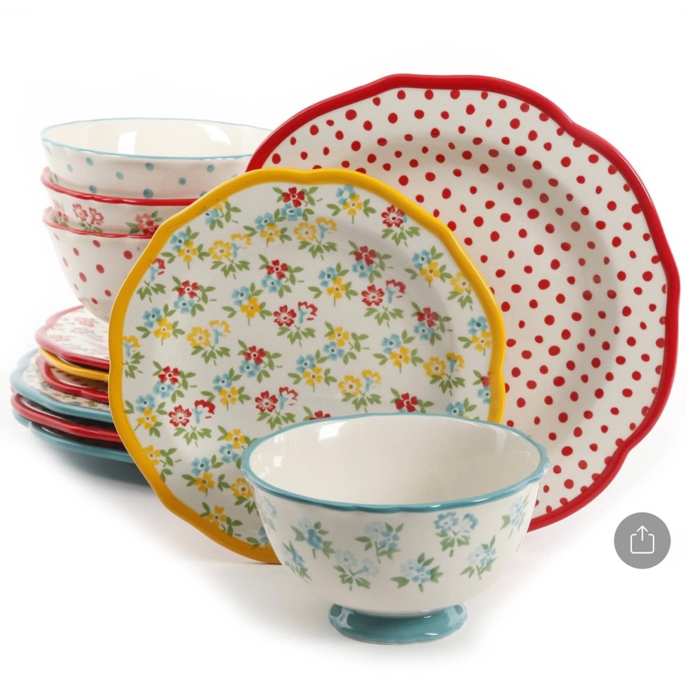 The Pioneer Woman Timeless Floral & Retro Dot 12-Piece Dinnerware Set